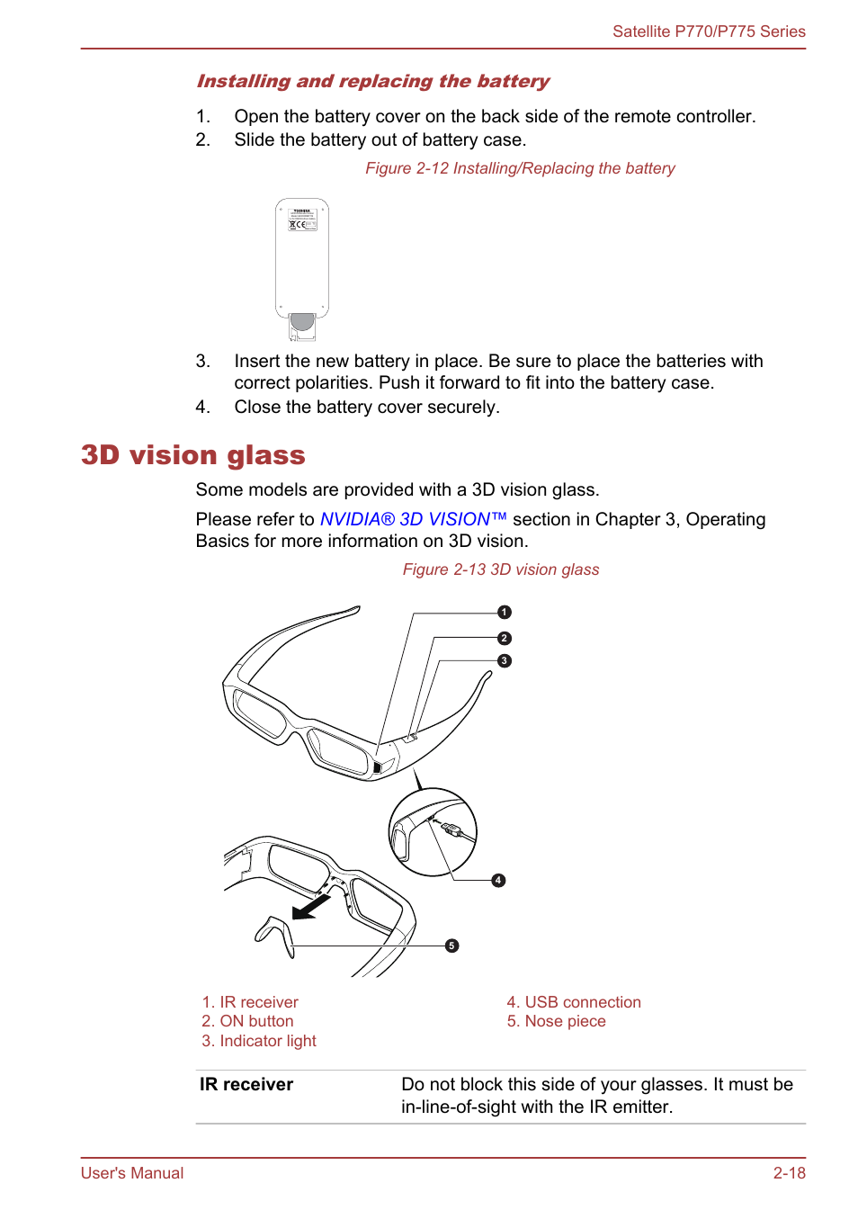 3d vision glass, 3d vision glass -18, Installing and replacing the battery | Toshiba Satellite P775 User Manual | Page 46 / 179