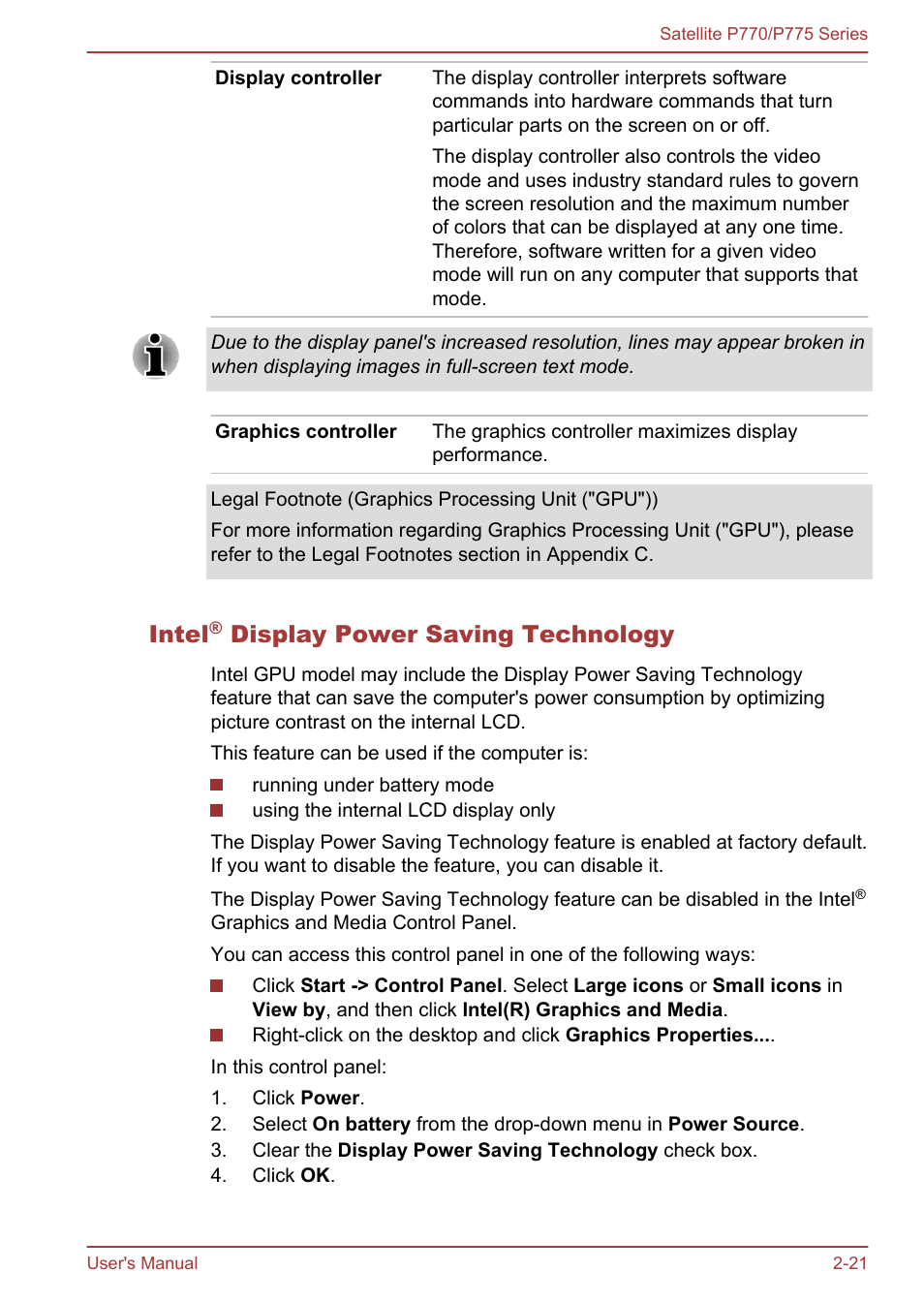 Intel® display power saving technology, Intel, Display power saving technology | Toshiba Satellite P775 User Manual | Page 49 / 179