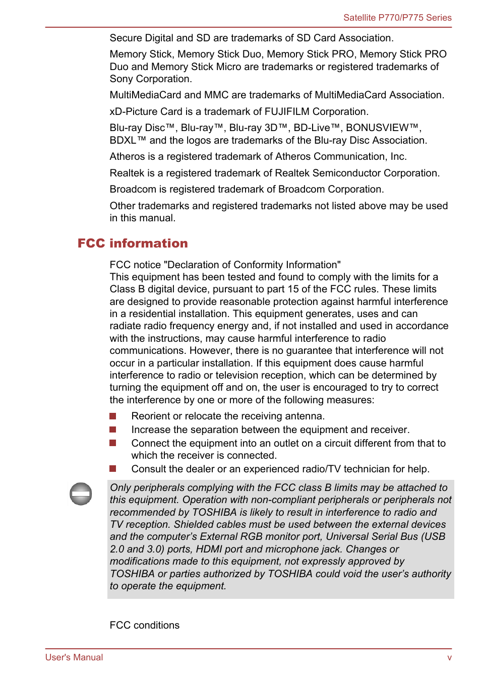 Fcc information | Toshiba Satellite P775 User Manual | Page 5 / 179