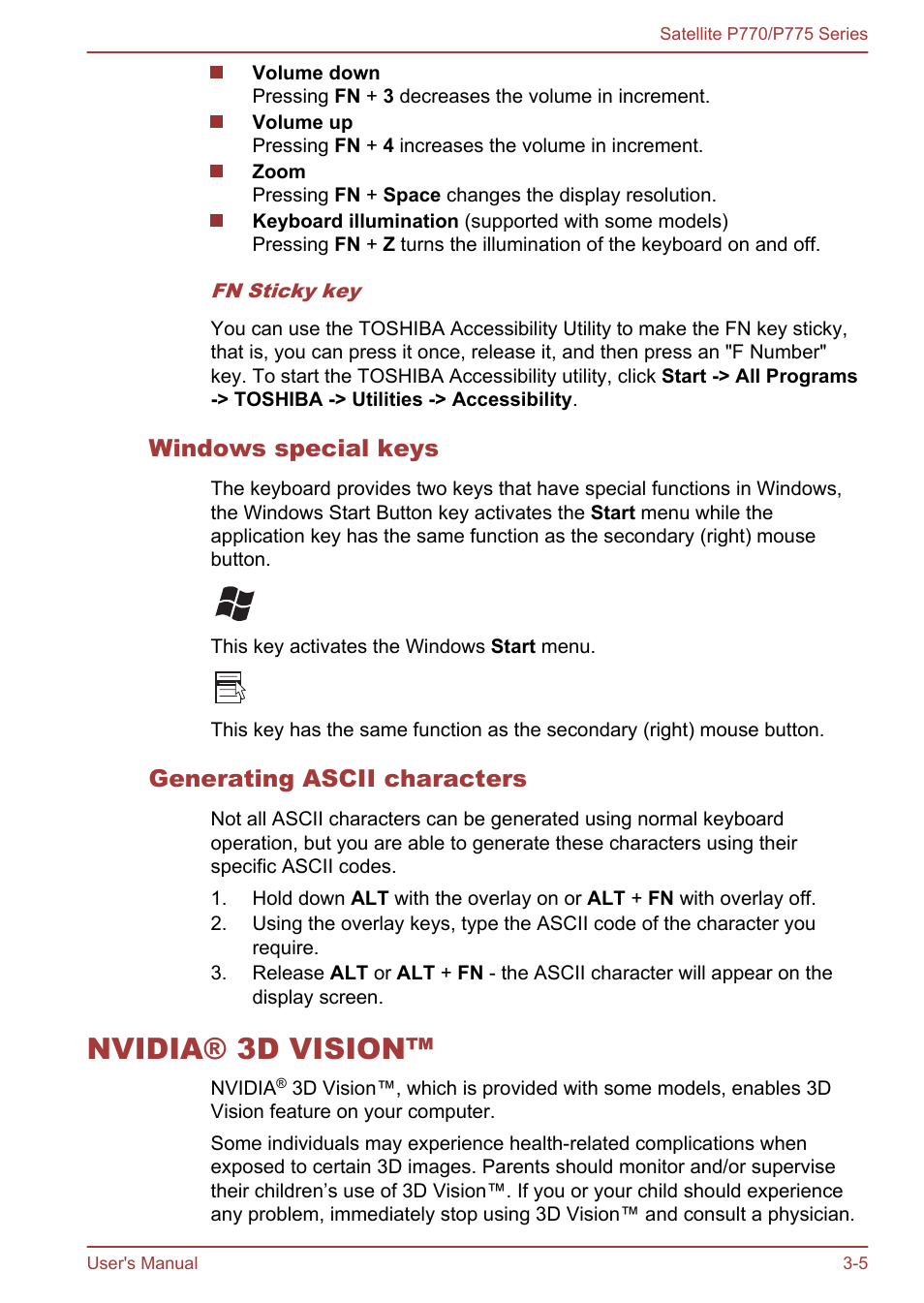 Windows special keys, Generating ascii characters, Nvidia® 3d vision | Nvidia® 3d vision™ -5 | Toshiba Satellite P775 User Manual | Page 55 / 179