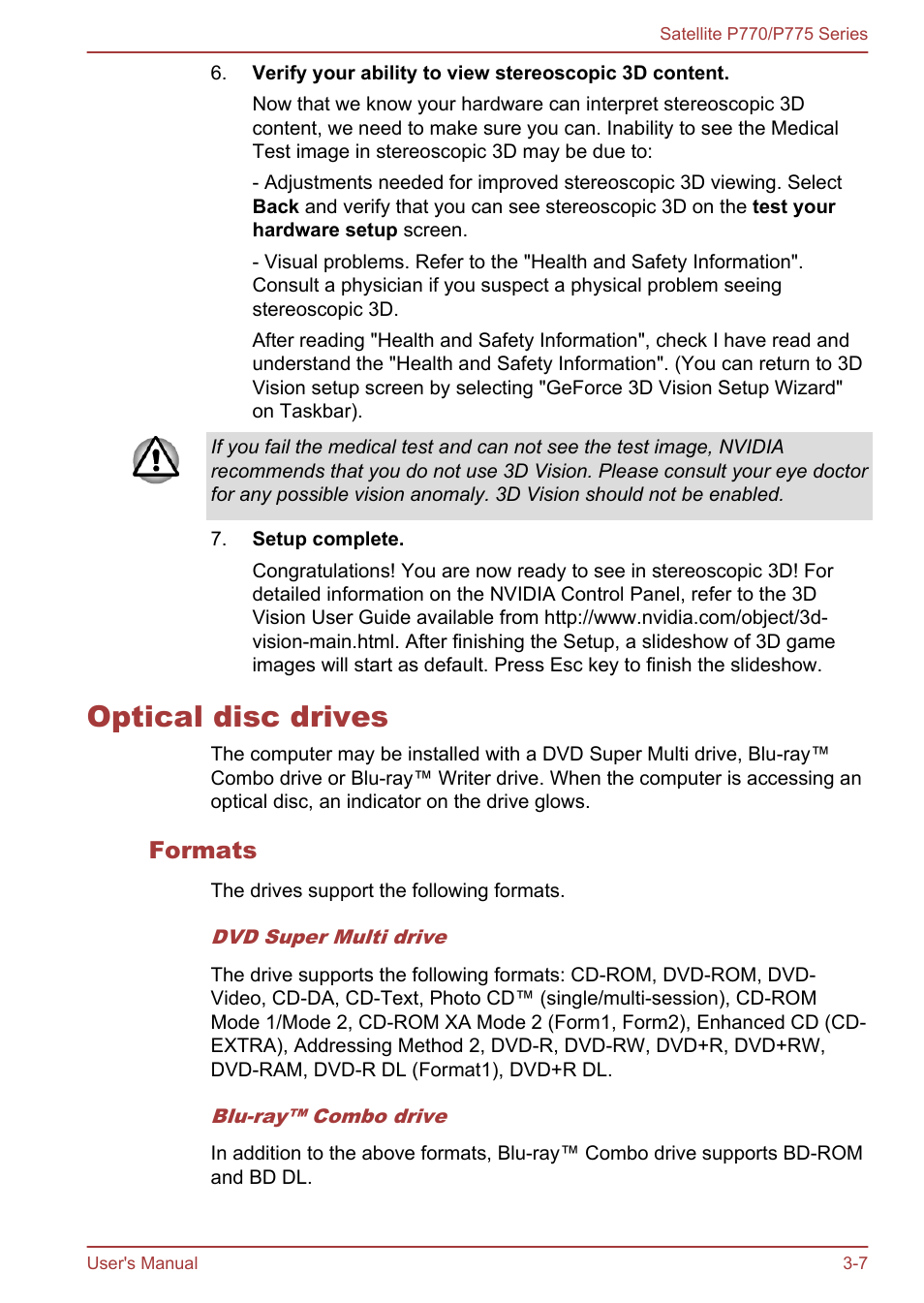 Optical disc drives, Formats, Optical disc drives -7 | Toshiba Satellite P775 User Manual | Page 57 / 179