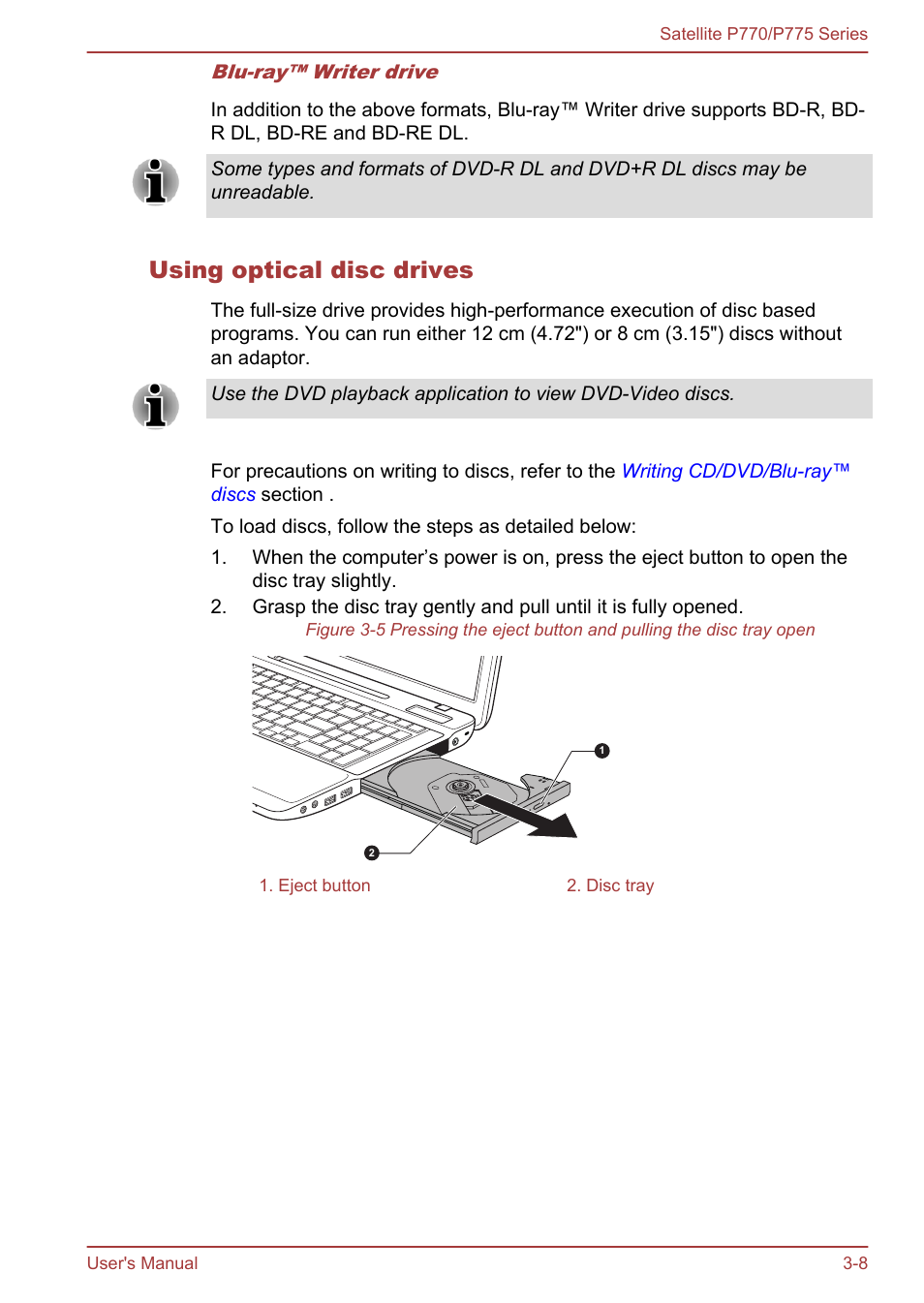 Using optical disc drives | Toshiba Satellite P775 User Manual | Page 58 / 179