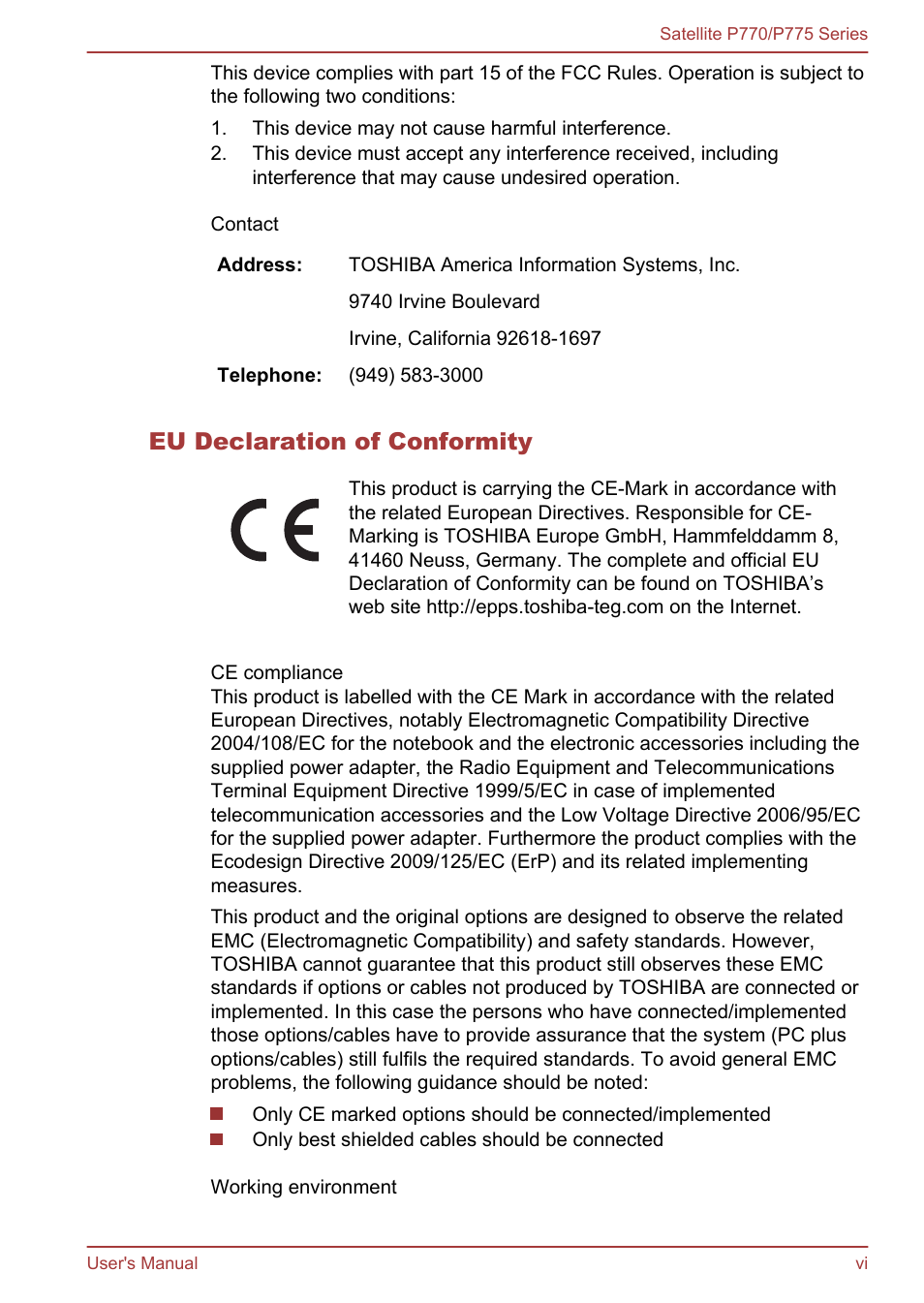 Eu declaration of conformity | Toshiba Satellite P775 User Manual | Page 6 / 179