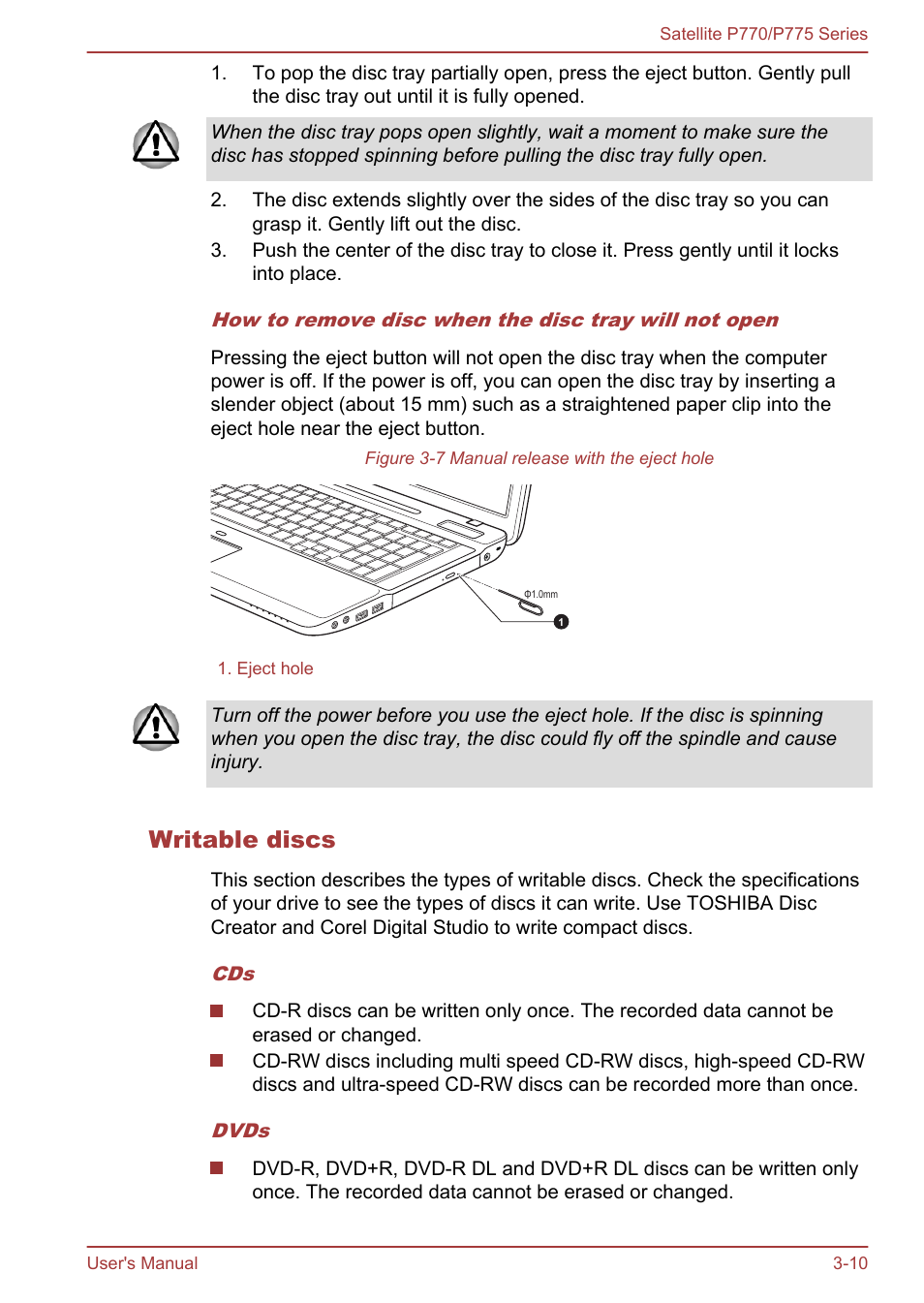 Writable discs | Toshiba Satellite P775 User Manual | Page 60 / 179