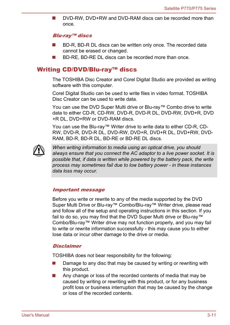 Writing cd/dvd/blu-ray™ discs | Toshiba Satellite P775 User Manual | Page 61 / 179