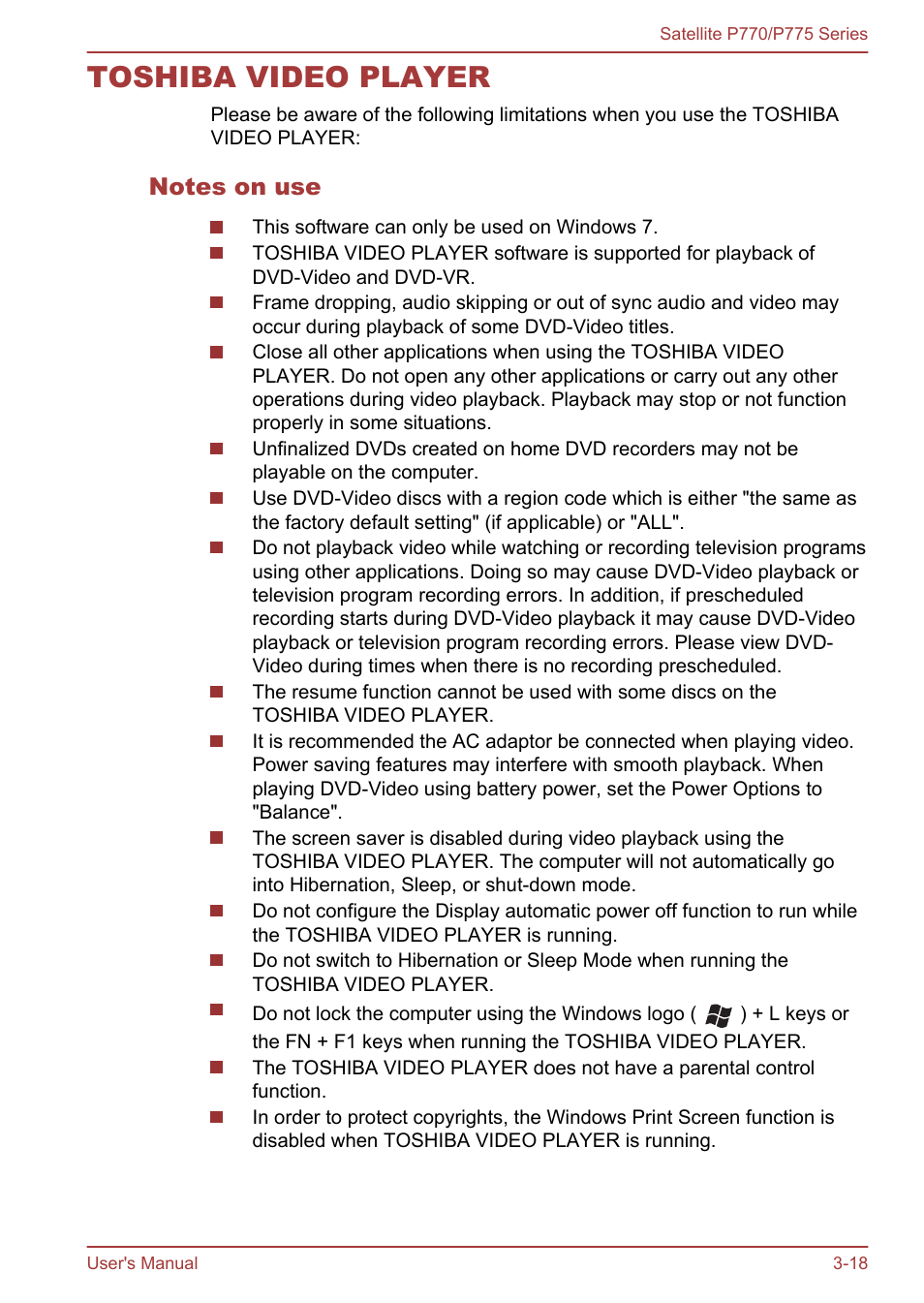 Toshiba video player, Notes on use, Toshiba video player -18 | Toshiba Satellite P775 User Manual | Page 68 / 179