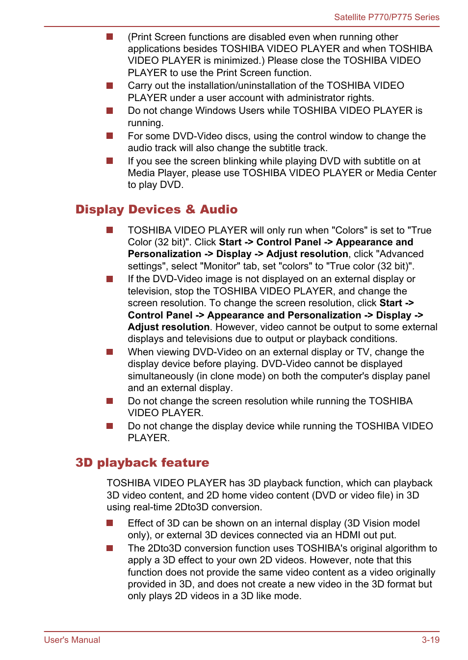 Display devices & audio, 3d playback feature | Toshiba Satellite P775 User Manual | Page 69 / 179