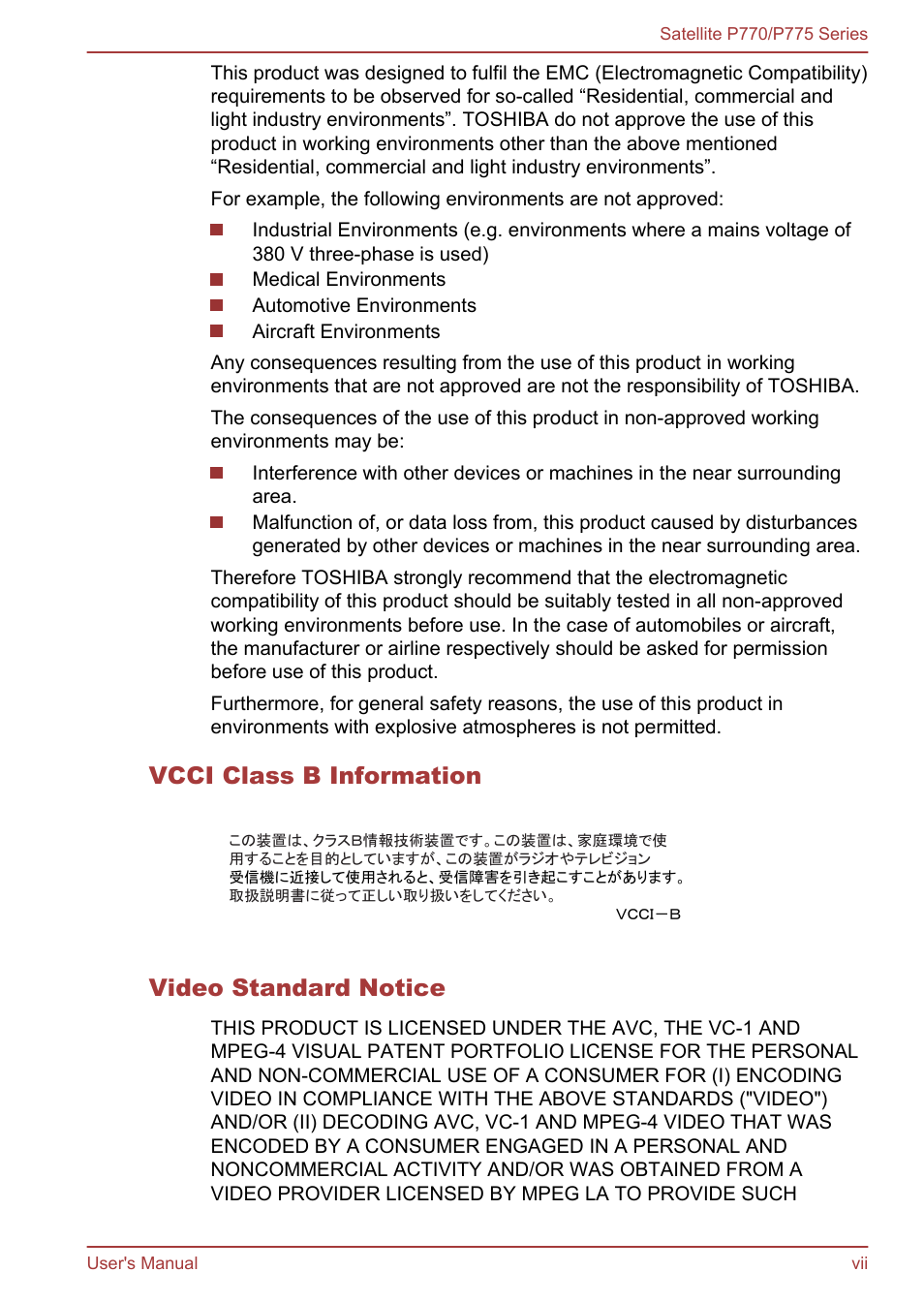 Vcci class b information, Video standard notice | Toshiba Satellite P775 User Manual | Page 7 / 179