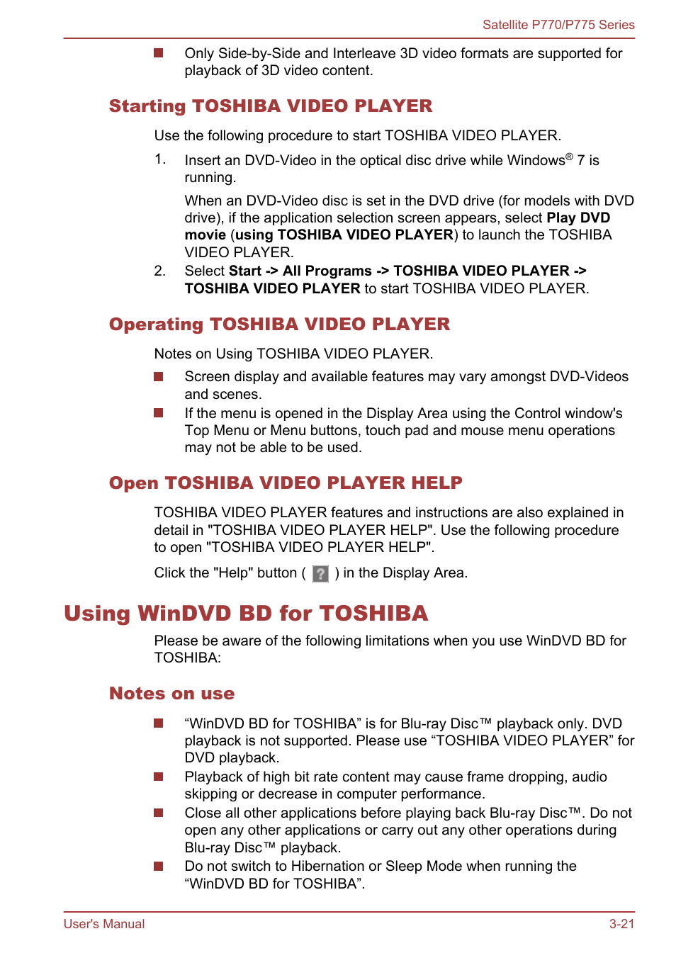 Starting toshiba video player, Operating toshiba video player, Open toshiba video player help | Using windvd bd for toshiba, Notes on use, Using windvd bd for toshiba -21 | Toshiba Satellite P775 User Manual | Page 71 / 179