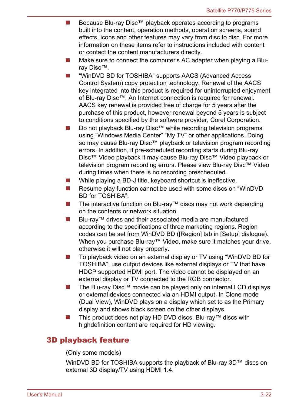 3d playback feature | Toshiba Satellite P775 User Manual | Page 72 / 179