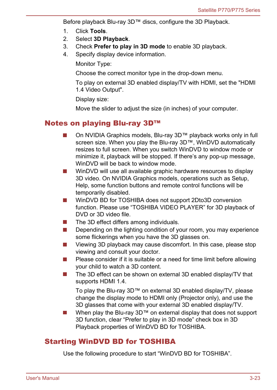 Notes on playing blu-ray 3d, Starting windvd bd for toshiba | Toshiba Satellite P775 User Manual | Page 73 / 179