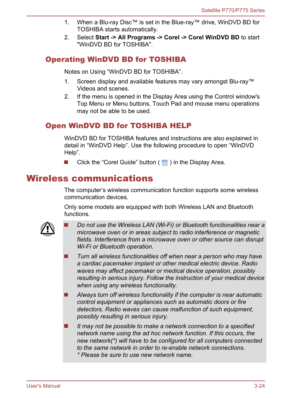 Operating windvd bd for toshiba, Open windvd bd for toshiba help, Wireless communications | Wireless communications -24 | Toshiba Satellite P775 User Manual | Page 74 / 179