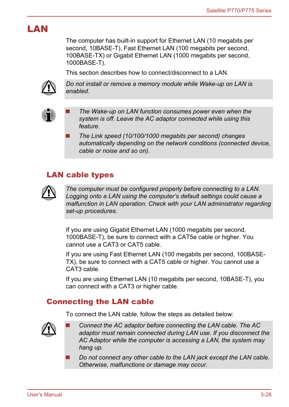 Lan cable types, Connecting the lan cable, Lan -28 | Toshiba Satellite P775 User Manual | Page 78 / 179