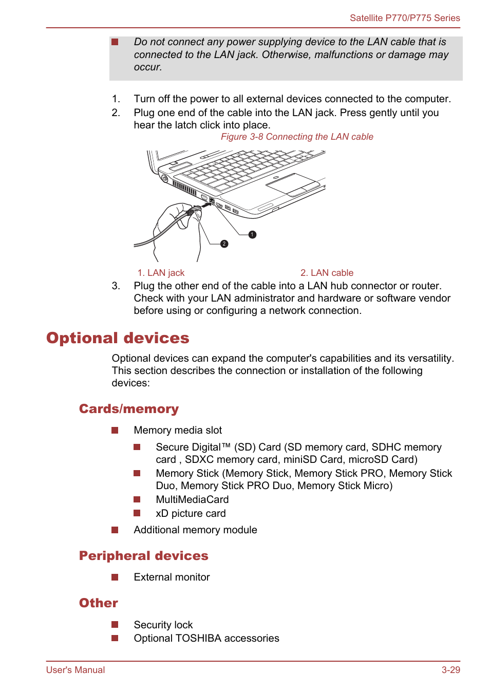 Optional devices, Cards/memory, Peripheral devices | Other, Optional devices -29 | Toshiba Satellite P775 User Manual | Page 79 / 179