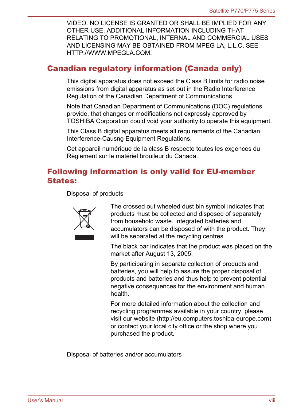 Canadian regulatory information (canada only) | Toshiba Satellite P775 User Manual | Page 8 / 179