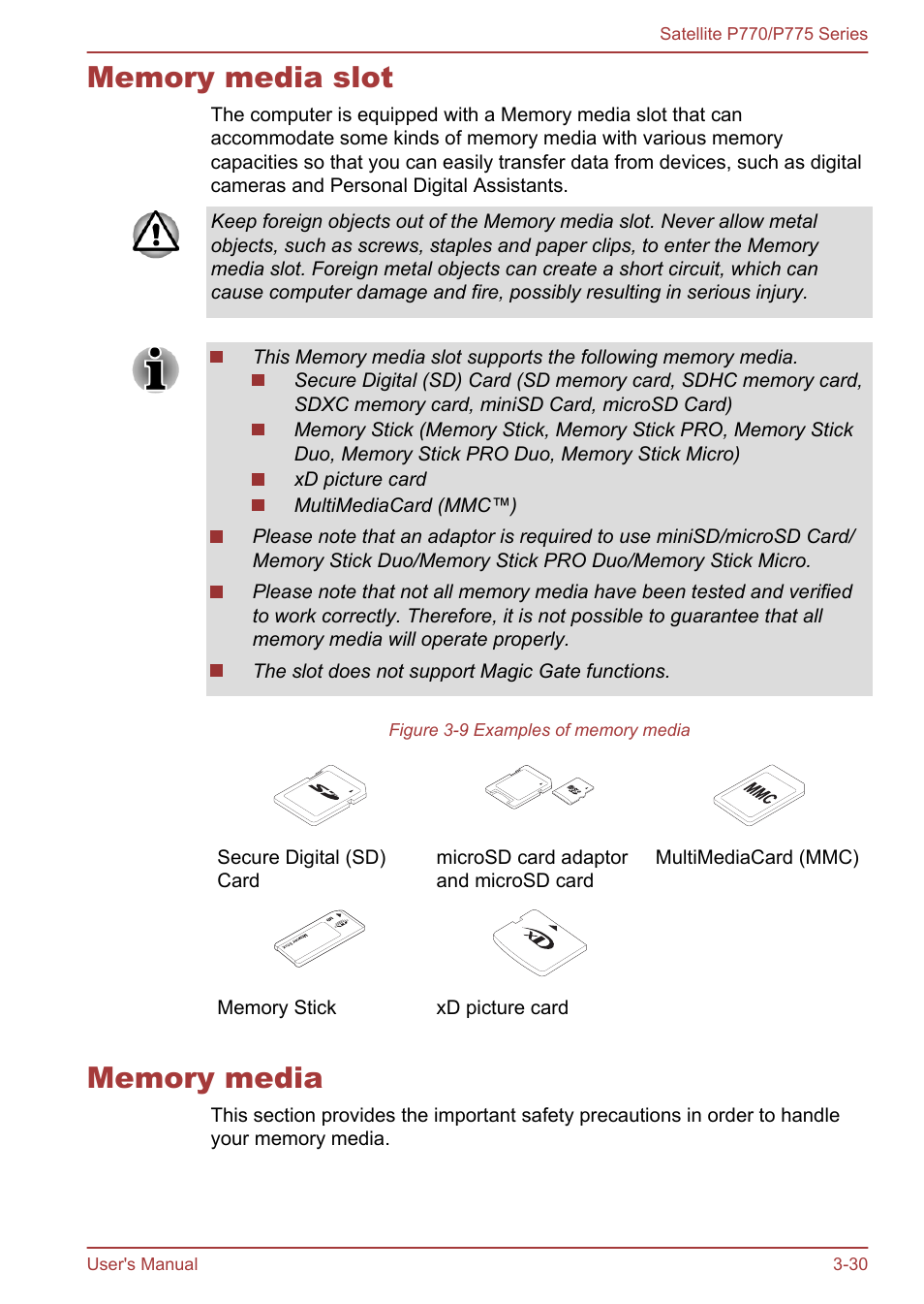 Memory media slot, Memory media, Memory media slot -30 memory media -30 | Toshiba Satellite P775 User Manual | Page 80 / 179