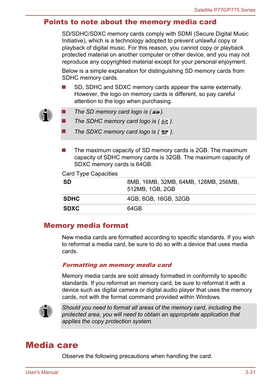 Points to note about the memory media card, Memory media format, Media care | Media care -31 | Toshiba Satellite P775 User Manual | Page 81 / 179