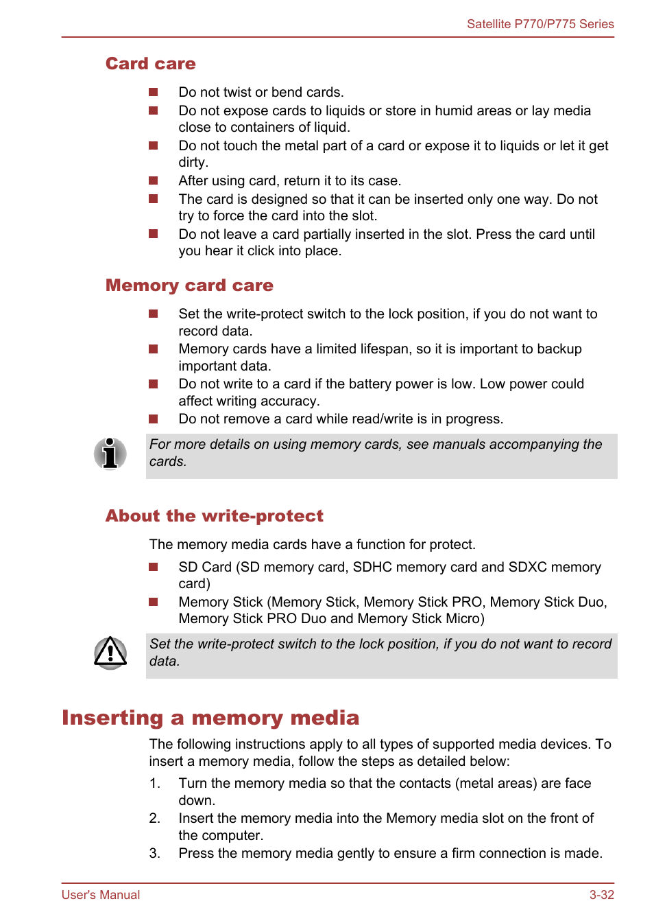 Card care, Memory card care, About the write-protect | Inserting a memory media, Inserting a memory media -32 | Toshiba Satellite P775 User Manual | Page 82 / 179