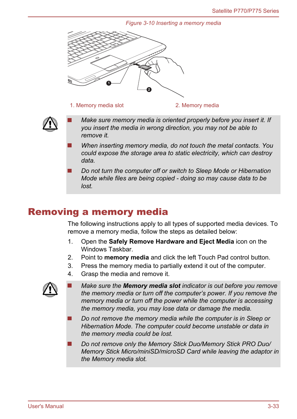 Removing a memory media, Removing a memory media -33 | Toshiba Satellite P775 User Manual | Page 83 / 179