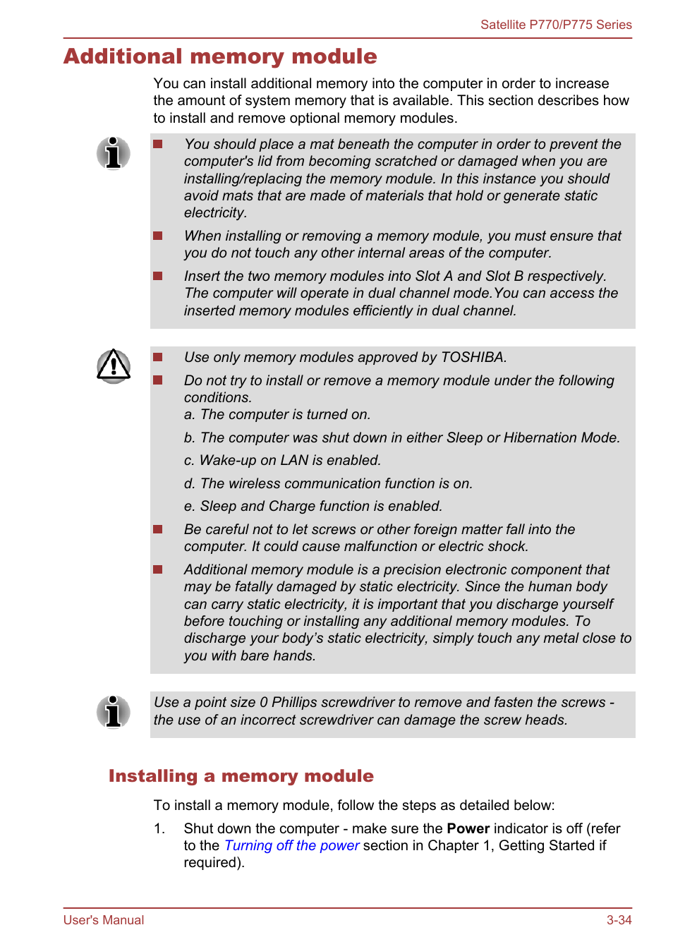 Additional memory module, Installing a memory module, Additional memory module -34 | Section in | Toshiba Satellite P775 User Manual | Page 84 / 179