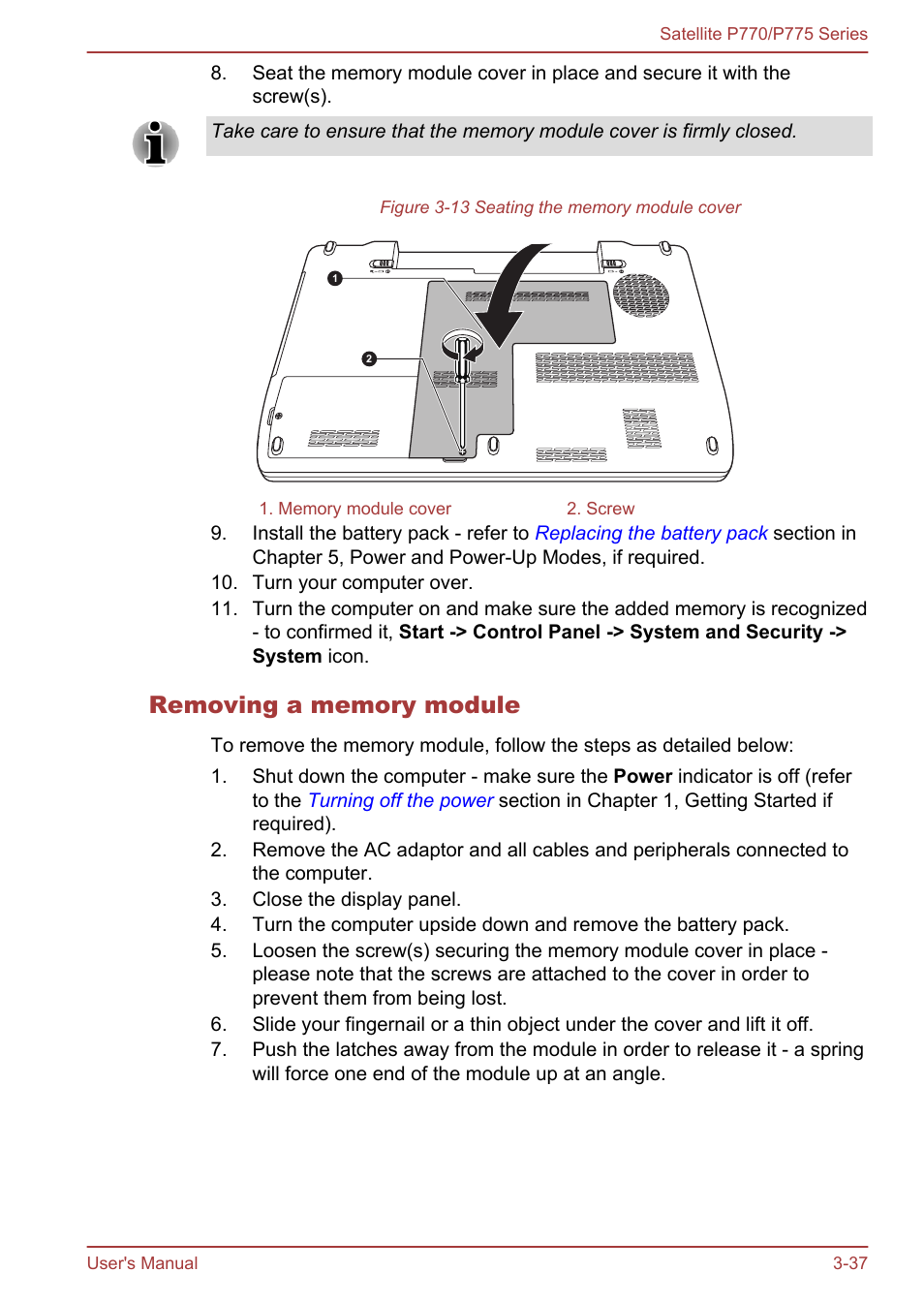 Removing a memory module | Toshiba Satellite P775 User Manual | Page 87 / 179