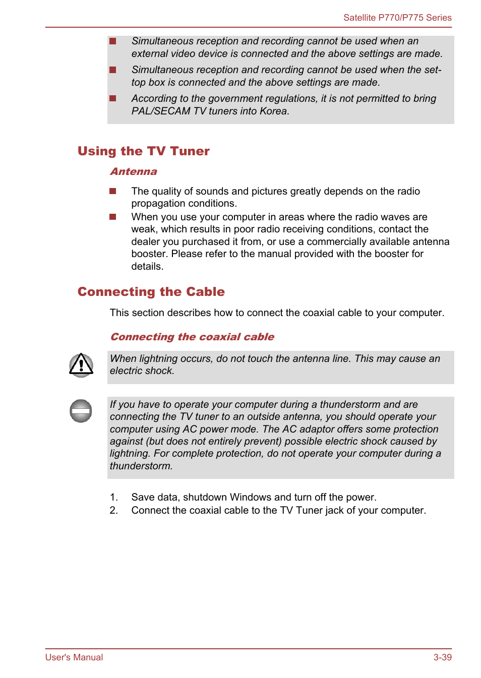 Using the tv tuner, Connecting the cable | Toshiba Satellite P775 User Manual | Page 89 / 179