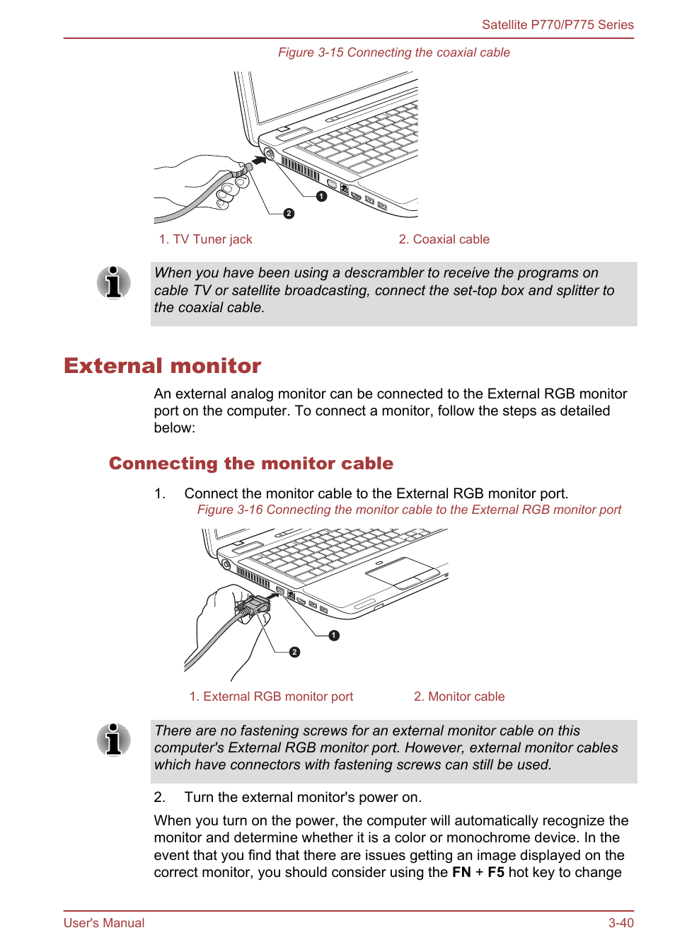 External monitor, Connecting the monitor cable, External monitor -40 | Toshiba Satellite P775 User Manual | Page 90 / 179