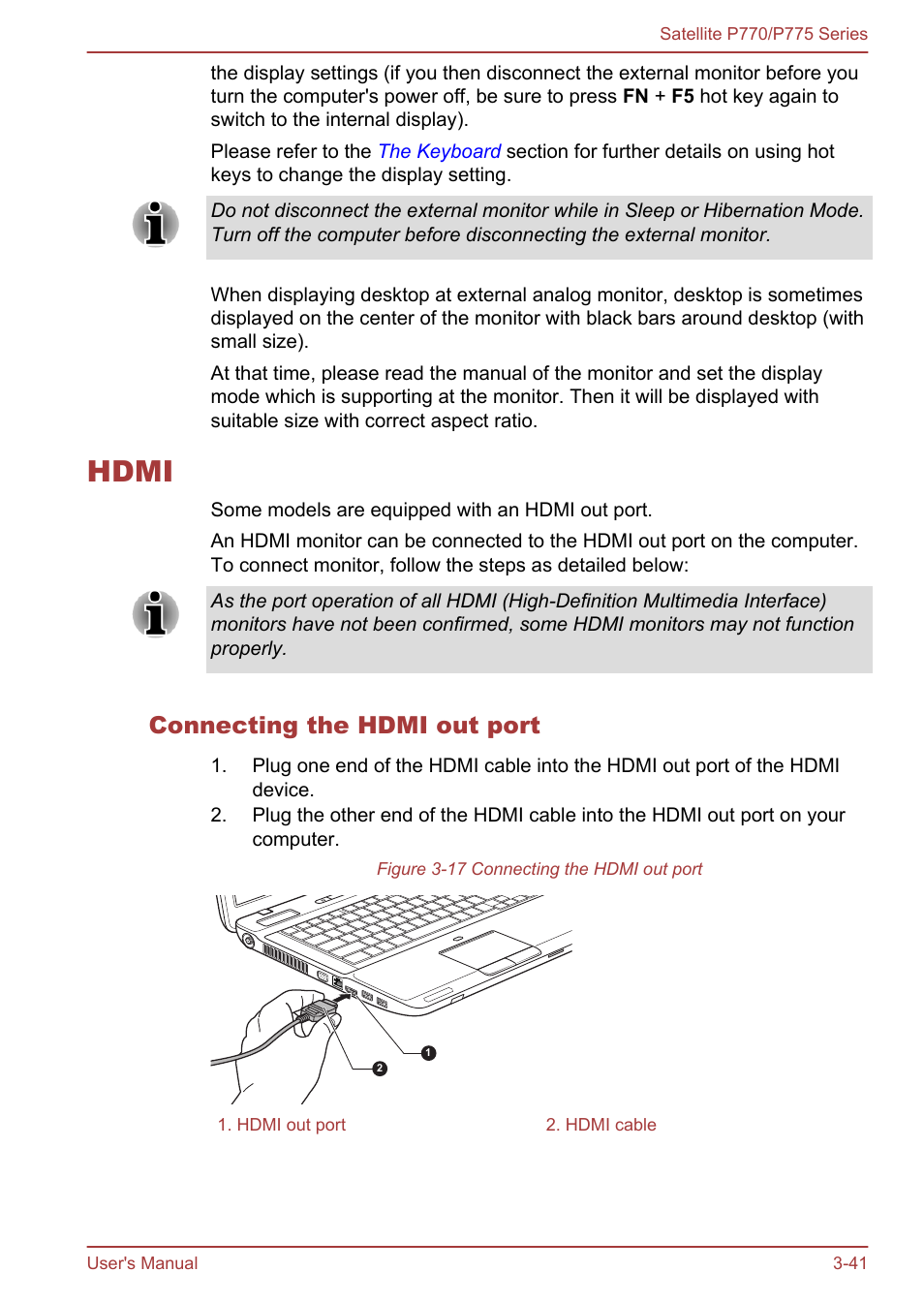 Hdmi, Connecting the hdmi out port, Hdmi -41 | Toshiba Satellite P775 User Manual | Page 91 / 179