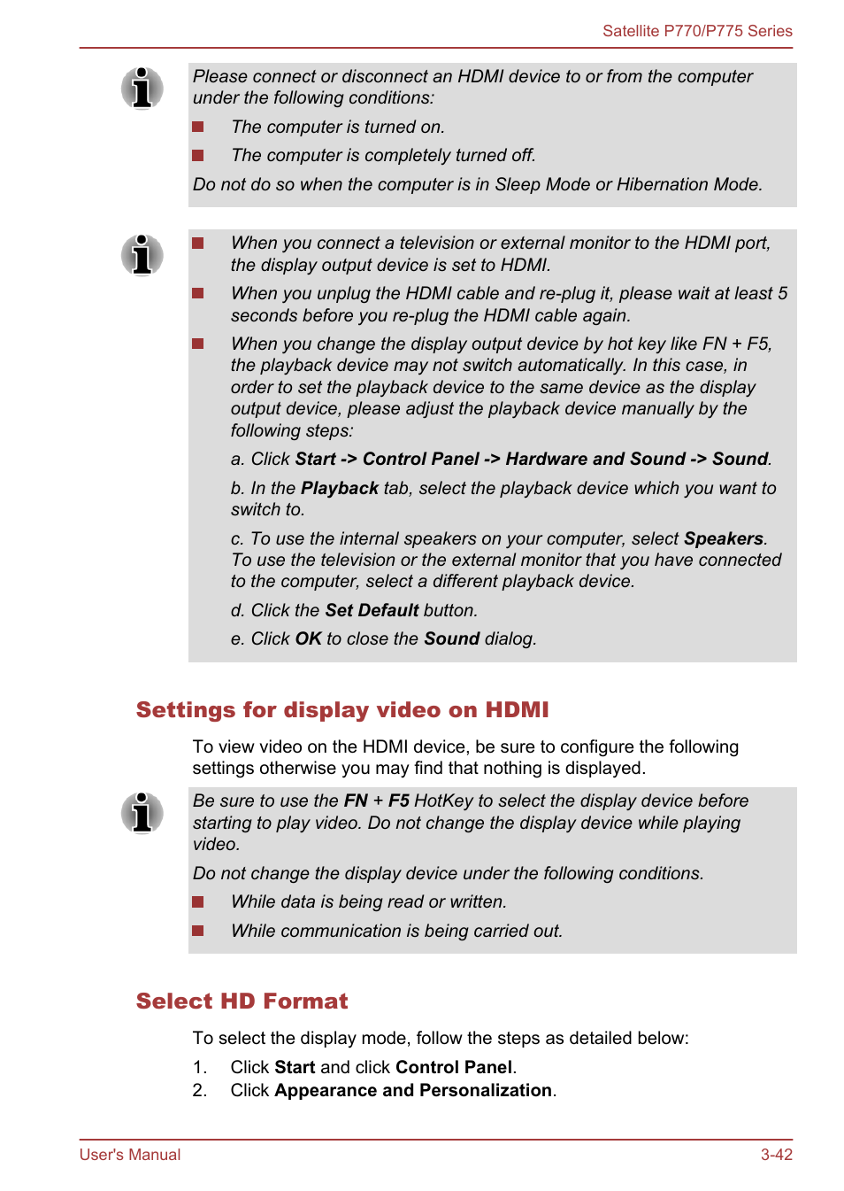 Settings for display video on hdmi, Select hd format | Toshiba Satellite P775 User Manual | Page 92 / 179