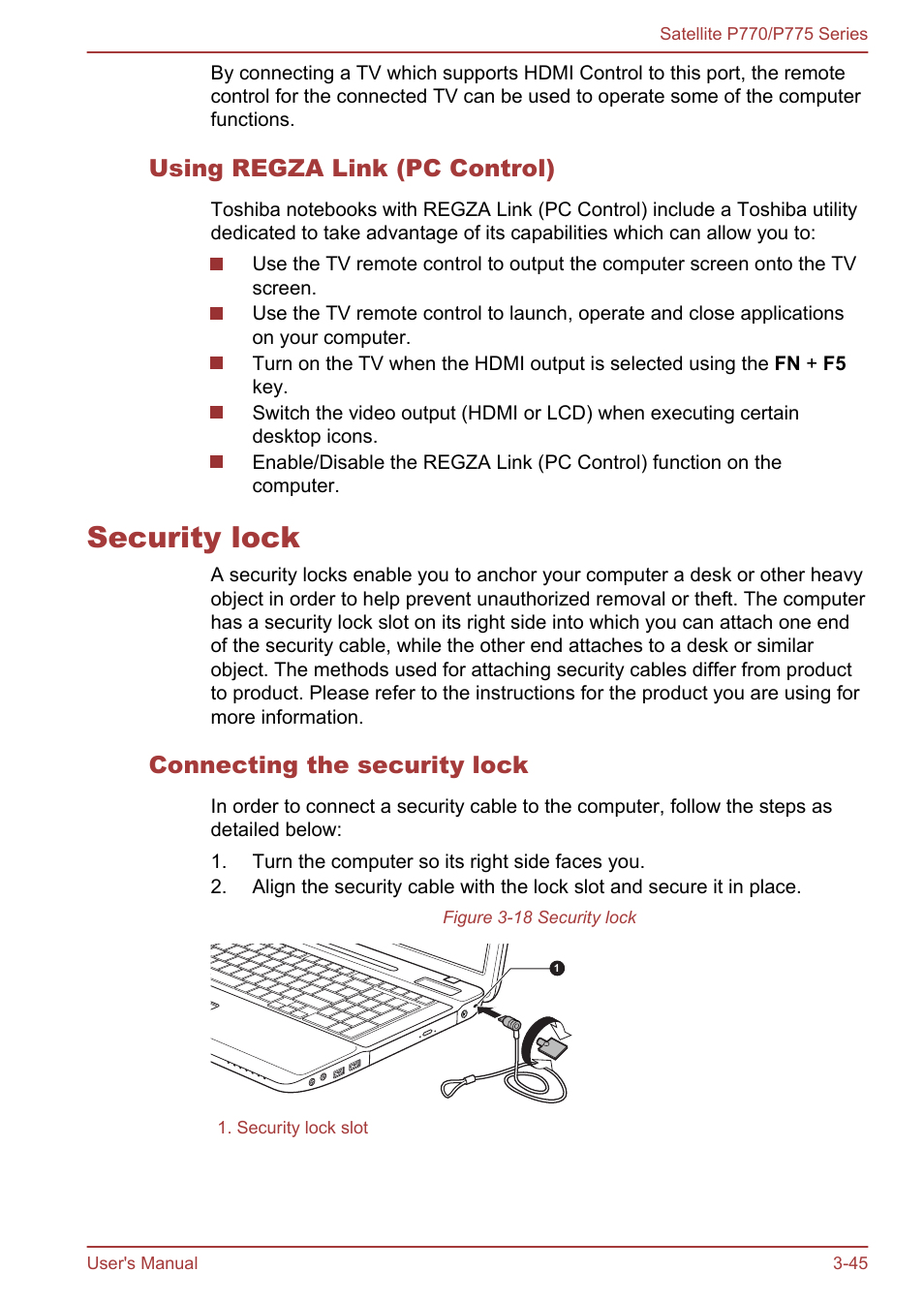 Using regza link (pc control), Security lock, Connecting the security lock | Security lock -45 | Toshiba Satellite P775 User Manual | Page 95 / 179