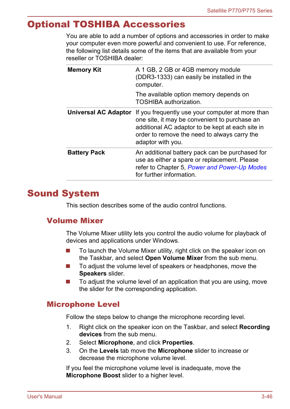 Optional toshiba accessories, Sound system, Volume mixer | Microphone level, Optional toshiba accessories -46 sound system -46 | Toshiba Satellite P775 User Manual | Page 96 / 179