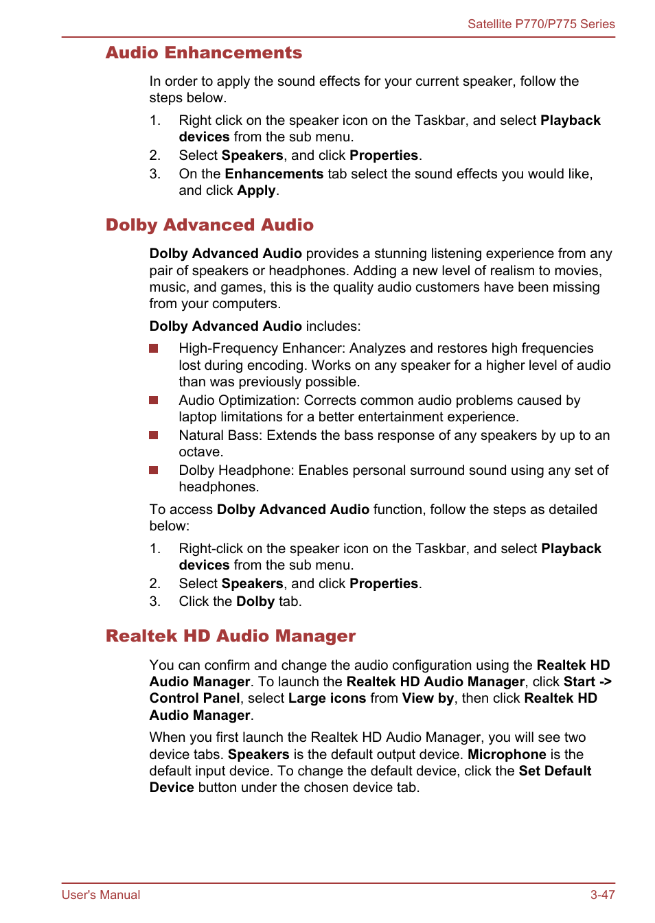 Audio enhancements, Dolby advanced audio, Realtek hd audio manager | Toshiba Satellite P775 User Manual | Page 97 / 179