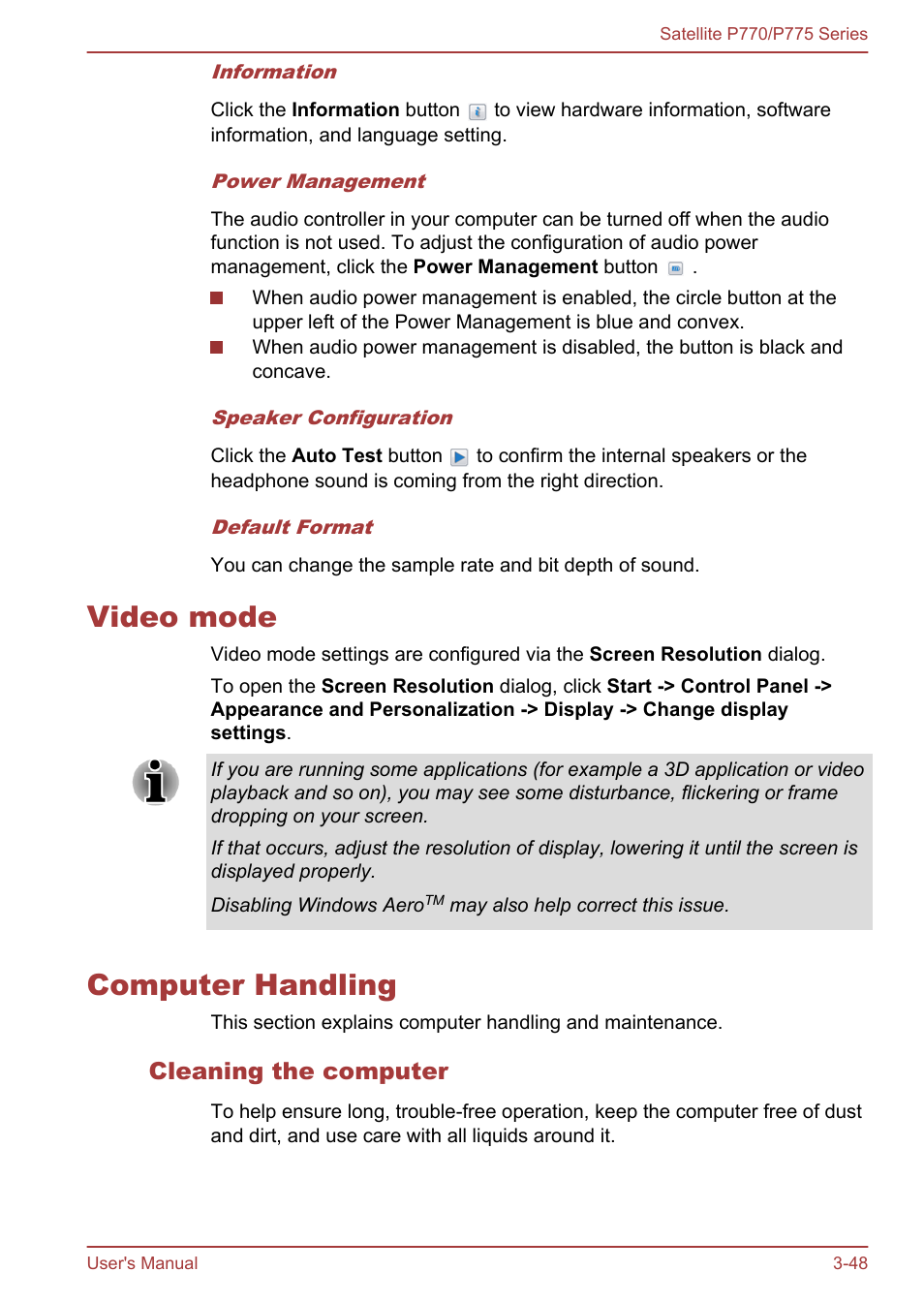 Video mode, Computer handling, Cleaning the computer | Video mode -48 computer handling -48 | Toshiba Satellite P775 User Manual | Page 98 / 179