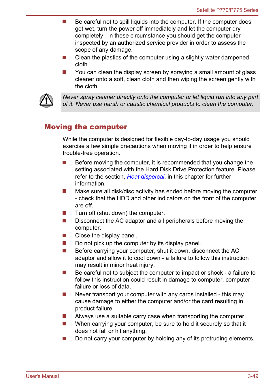 Moving the computer | Toshiba Satellite P775 User Manual | Page 99 / 179