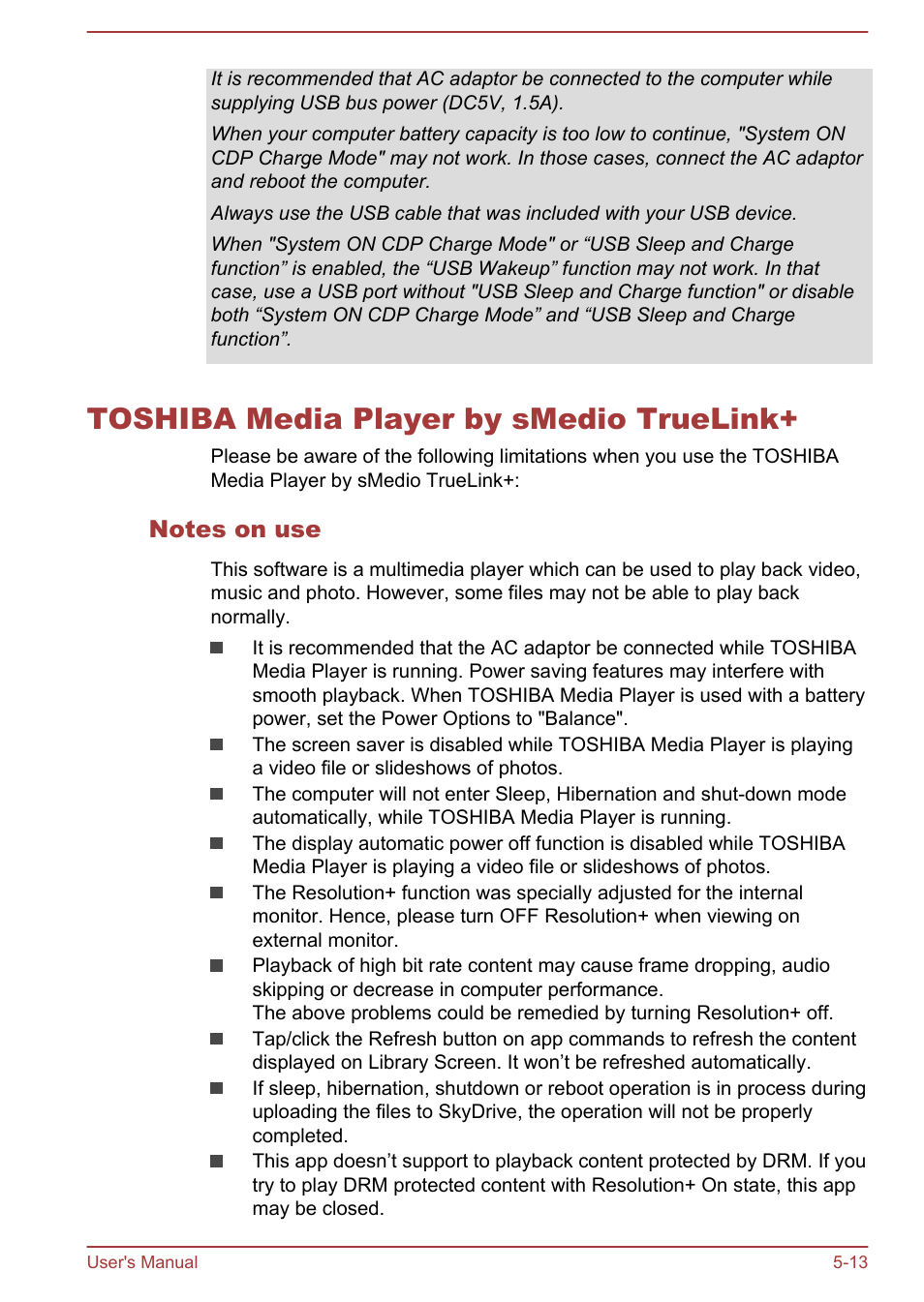 Toshiba media player by smedio truelink, Notes on use, Toshiba media player by smedio truelink+ -13 | Toshiba Satellite S70-A User Manual | Page 101 / 143