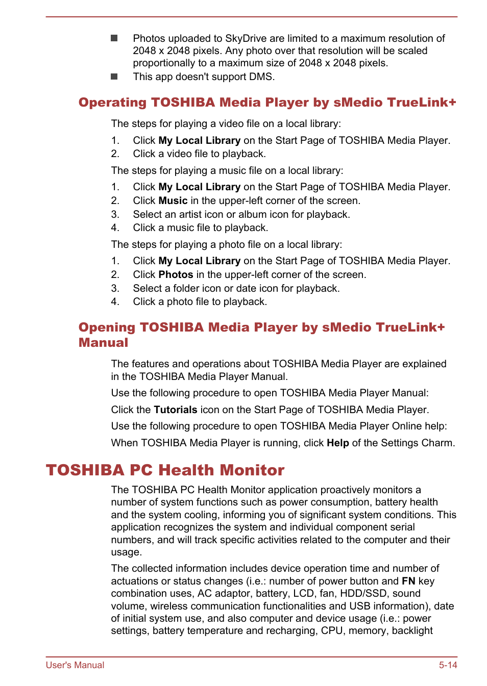 Operating toshiba media player by smedio truelink, Toshiba pc health monitor, Toshiba pc health monitor -14 | Toshiba Satellite S70-A User Manual | Page 102 / 143