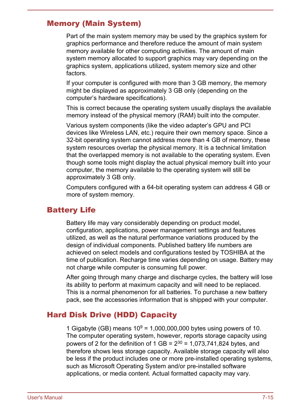 Memory (main system), Battery life, Hard disk drive (hdd) capacity | Toshiba Satellite S70-A User Manual | Page 137 / 143