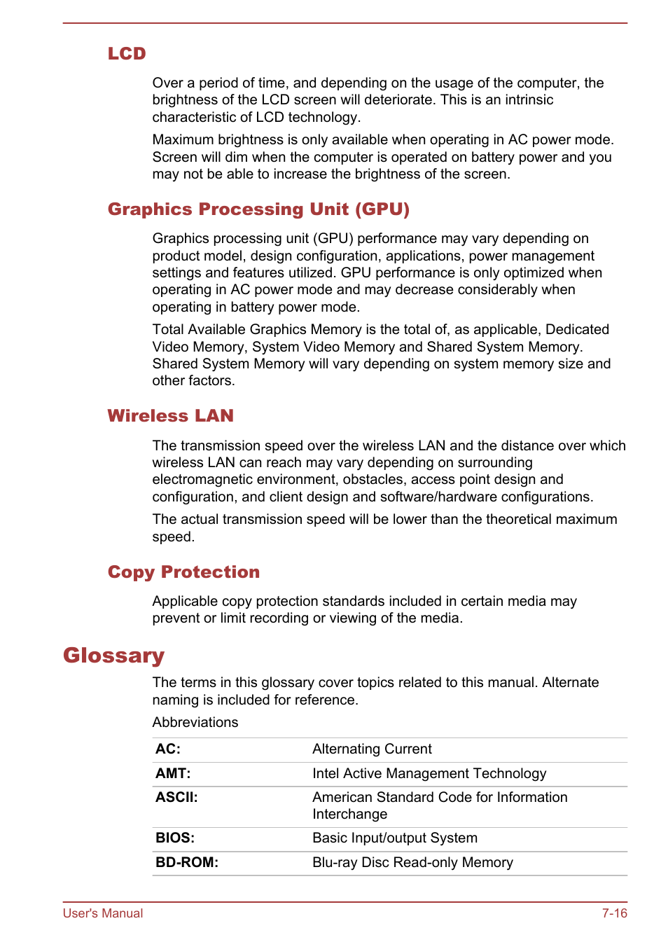 Graphics processing unit (gpu), Wireless lan, Copy protection | Glossary, Glossary -16 | Toshiba Satellite S70-A User Manual | Page 138 / 143
