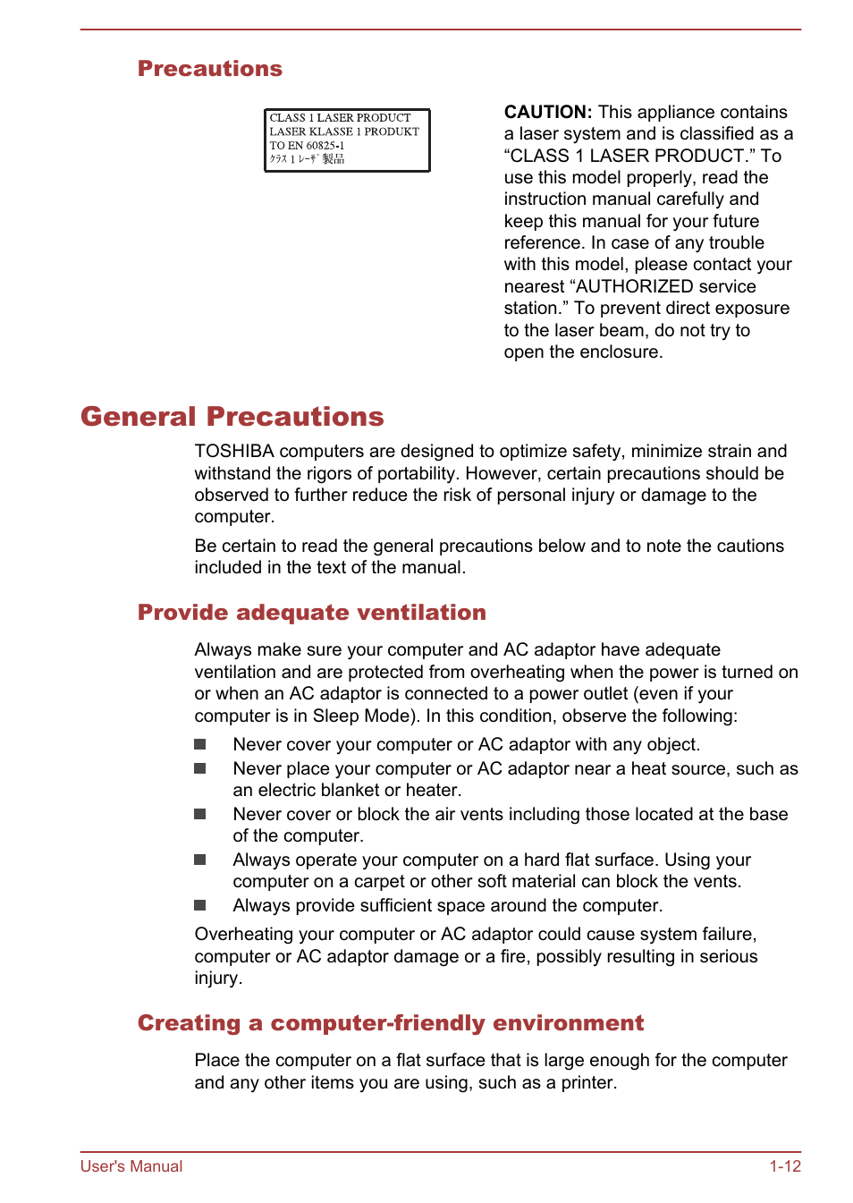 Precautions, General precautions, Provide adequate ventilation | Creating a computer-friendly environment, General precautions -12 | Toshiba Satellite S70-A User Manual | Page 15 / 143