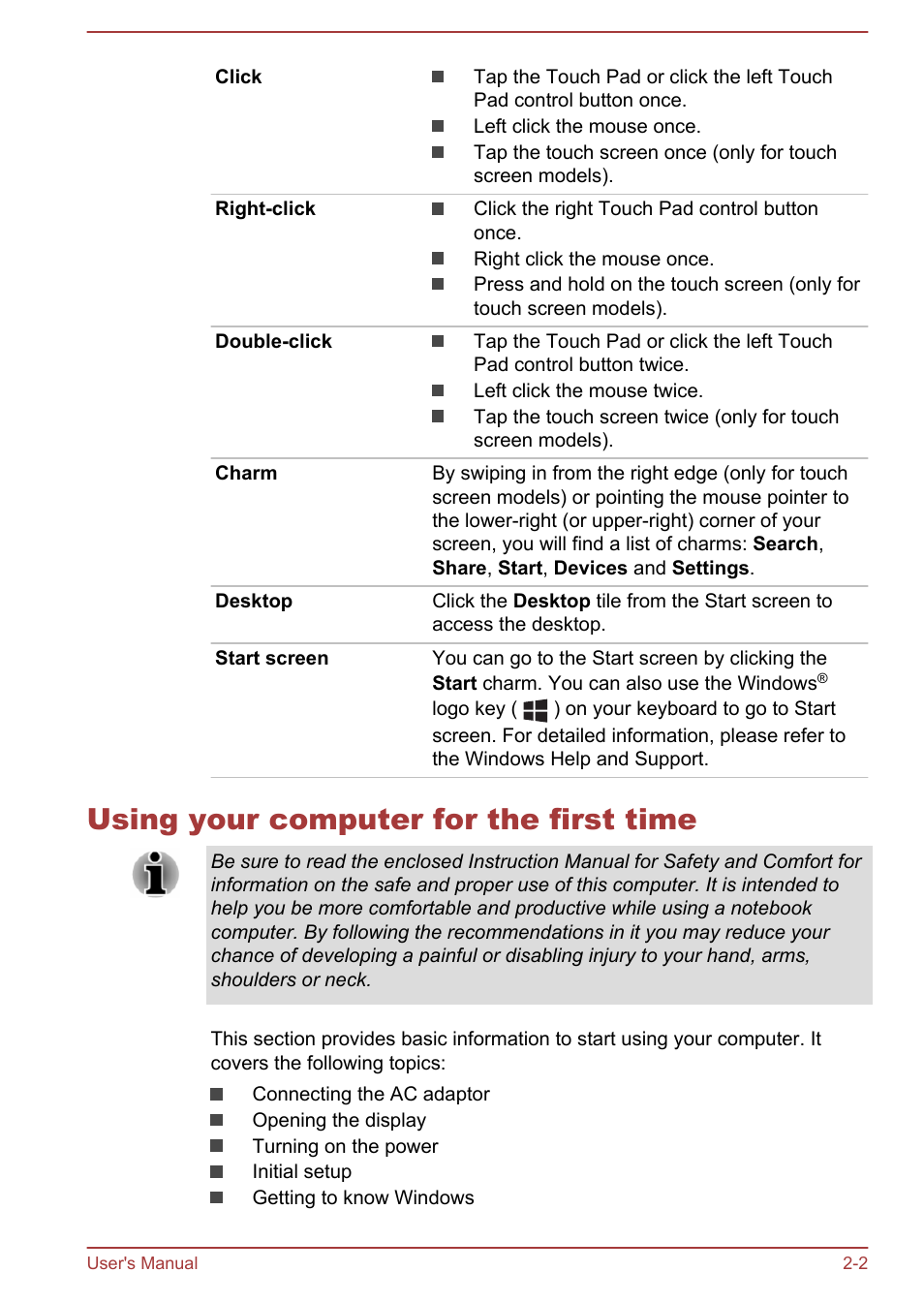 Using your computer for the first time, Using your computer for the first time -2 | Toshiba Satellite S70-A User Manual | Page 20 / 143