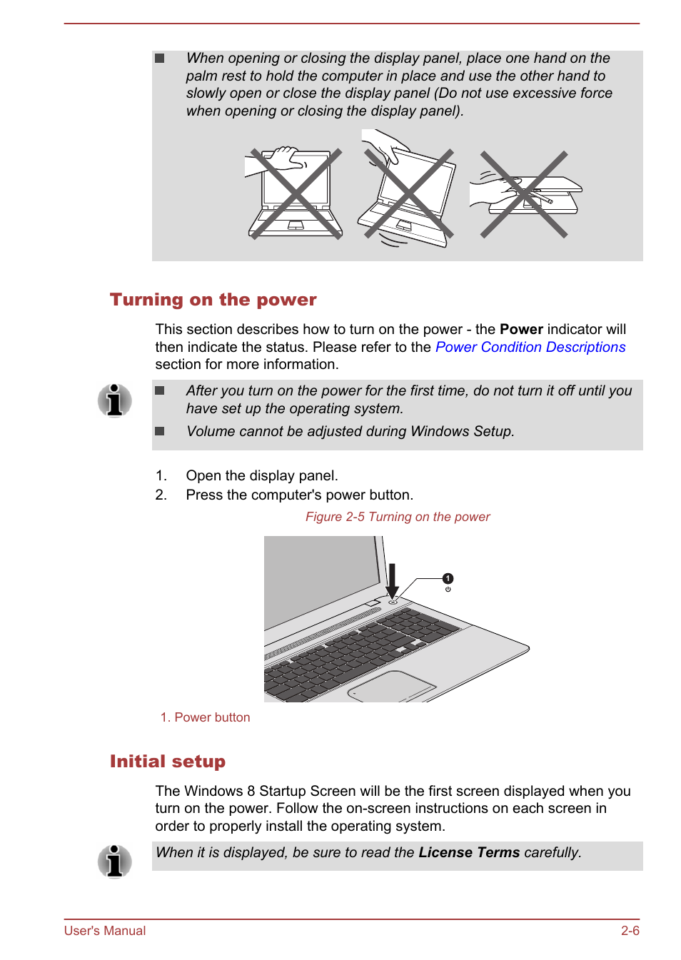 Turning on the power, Initial setup | Toshiba Satellite S70-A User Manual | Page 24 / 143