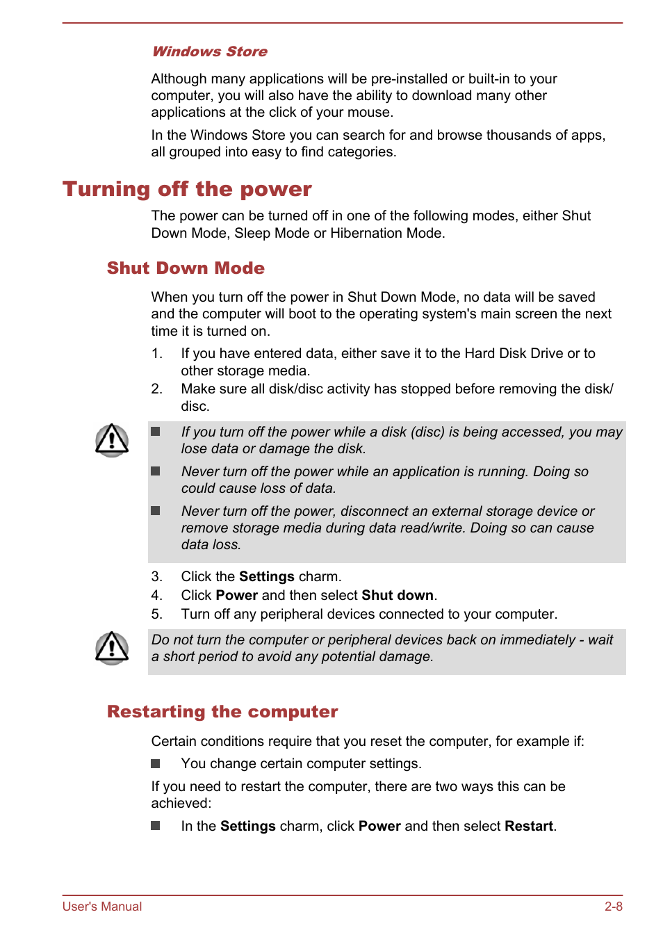 Turning off the power, Shut down mode, Restarting the computer | Turning off the power -8 | Toshiba Satellite S70-A User Manual | Page 26 / 143