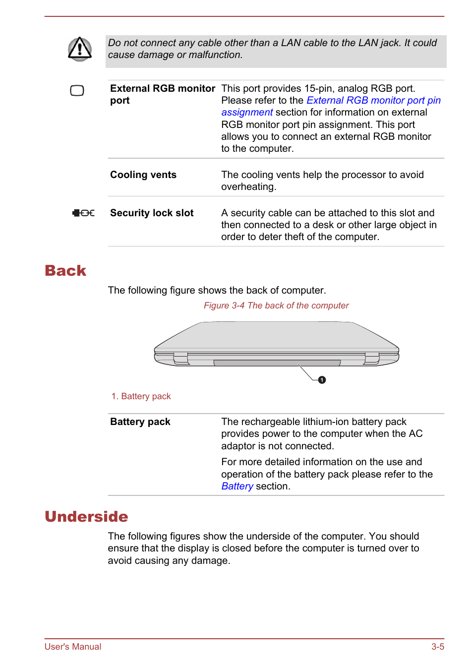 Back, Underside, Back -5 underside -5 | Toshiba Satellite S70-A User Manual | Page 35 / 143