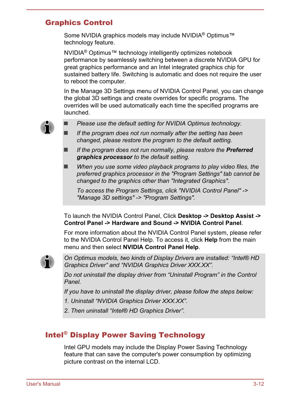Graphics control, Intel® display power saving technology, Intel | Display power saving technology | Toshiba Satellite S70-A User Manual | Page 42 / 143