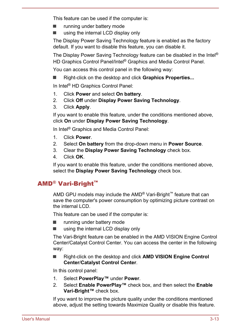 Amd® vari-bright, Vari-bright | Toshiba Satellite S70-A User Manual | Page 43 / 143