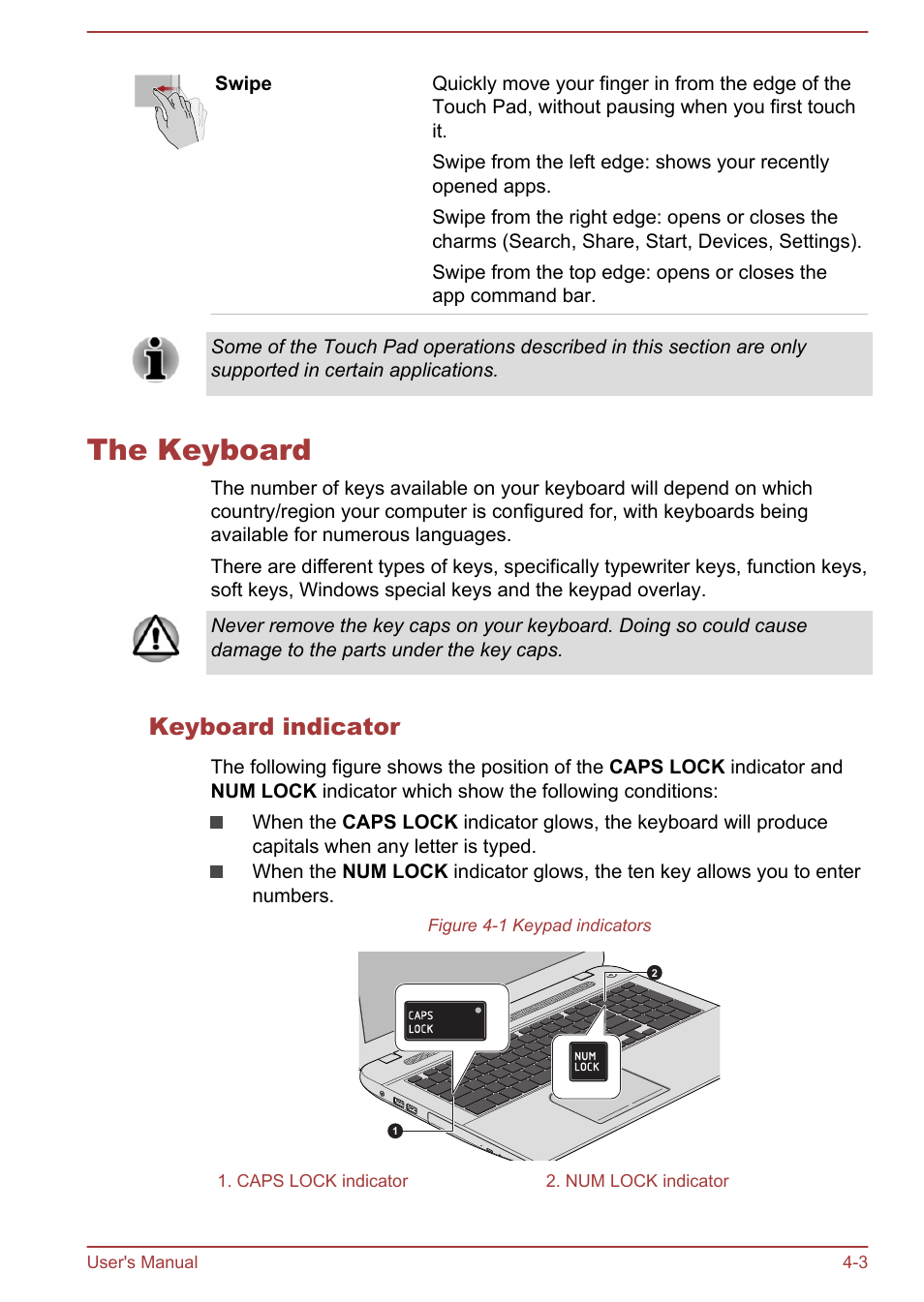 The keyboard, Keyboard indicator, The keyboard -3 | Toshiba Satellite S70-A User Manual | Page 48 / 143