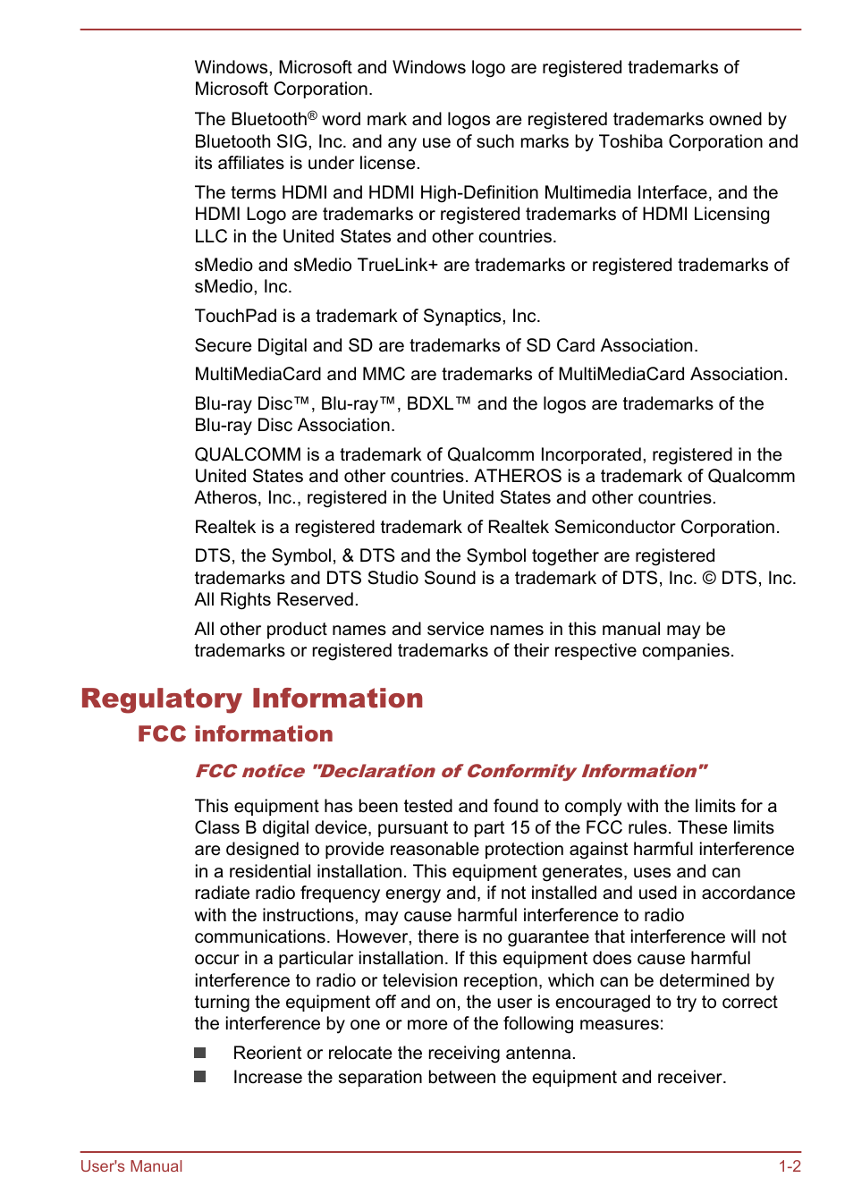 Regulatory information, Fcc information, Regulatory information -2 | Toshiba Satellite S70-A User Manual | Page 5 / 143