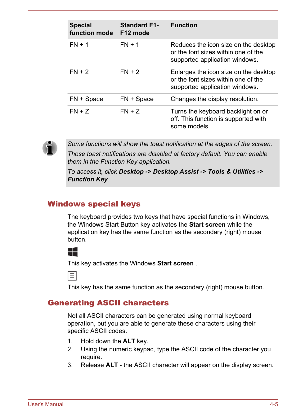 Windows special keys, Generating ascii characters | Toshiba Satellite S70-A User Manual | Page 50 / 143
