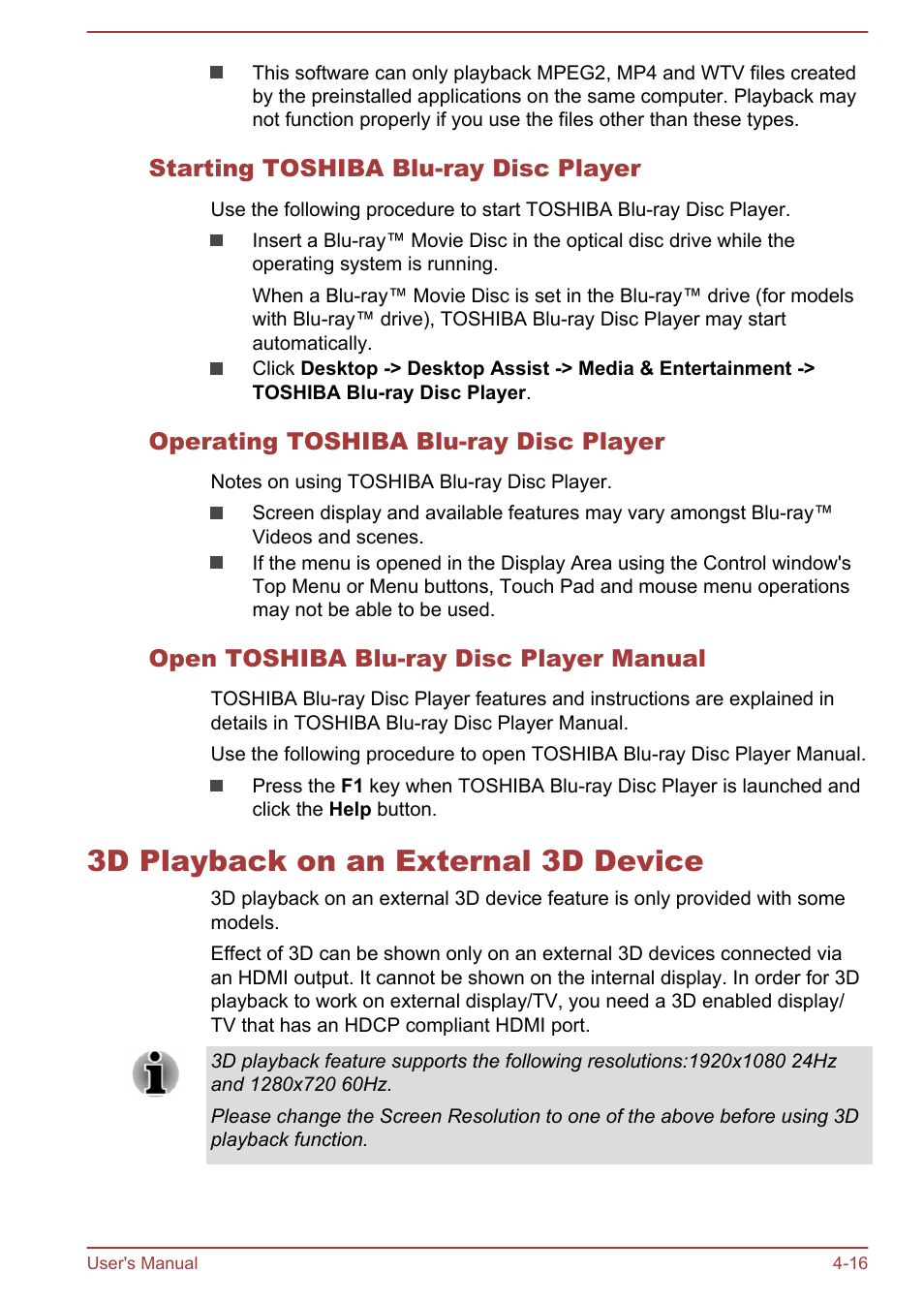 Starting toshiba blu-ray disc player, Operating toshiba blu-ray disc player, Open toshiba blu-ray disc player manual | 3d playback on an external 3d device, 3d playback on an external 3d device -16 | Toshiba Satellite S70-A User Manual | Page 61 / 143