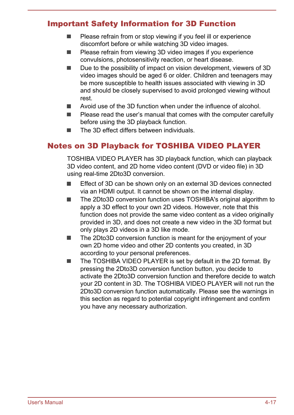Important safety information for 3d function, Notes on 3d playback for toshiba video player | Toshiba Satellite S70-A User Manual | Page 62 / 143